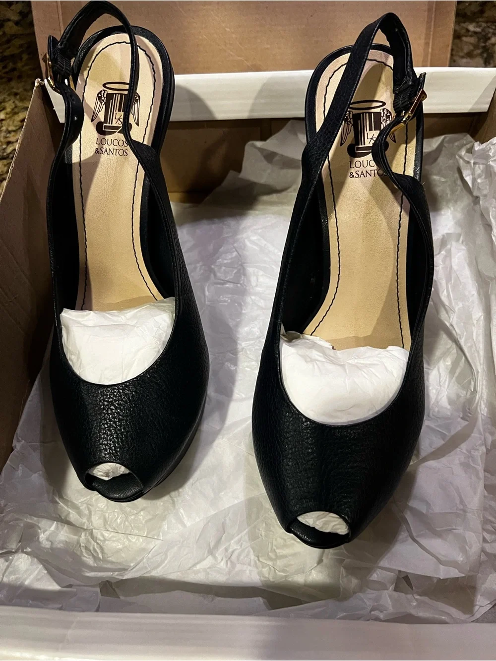 Navy Leather Platform Slingback Heels
